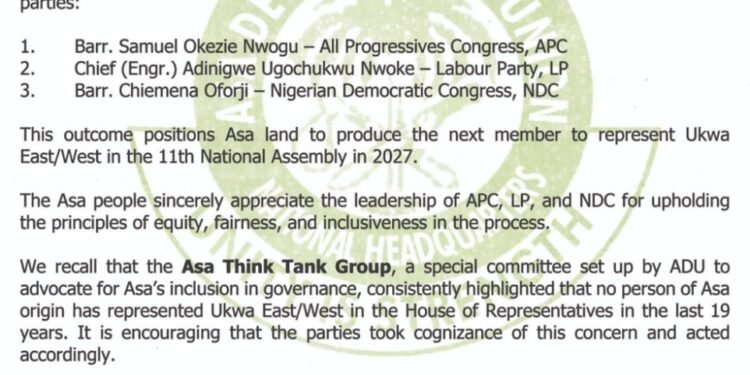 ADU Hails Emergence of Three Asa Sons as Party Flagbearers for Ukwa Federal Seat, Salutes APC, LP, NDC Leadership